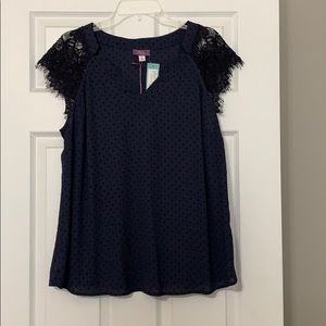 Blue polka dot lace capped sleeve top